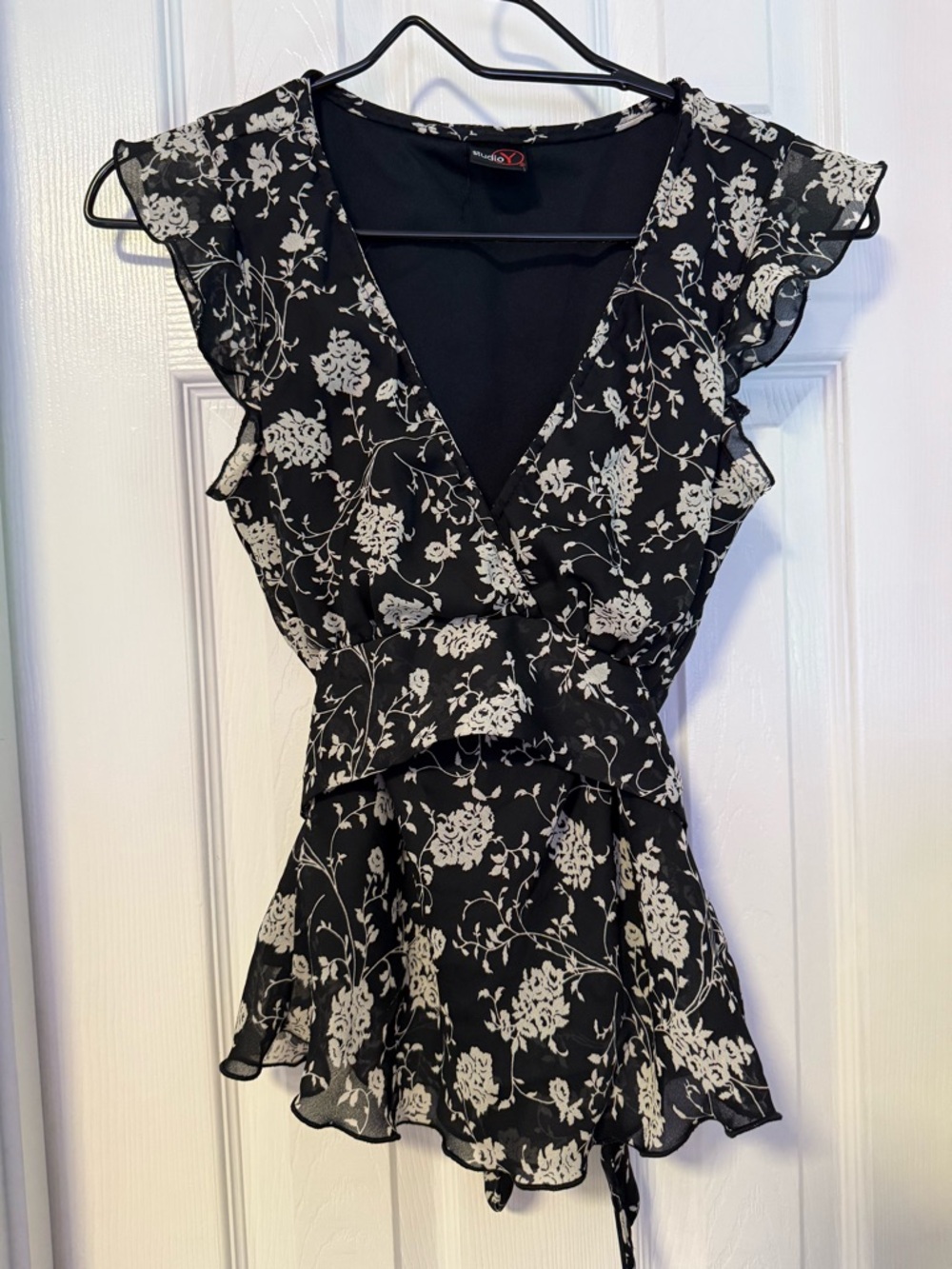 Vintage Black Floral Wrap Blouse